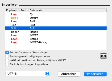 Importfenster mit farbig markierter Spaltenzuweisung