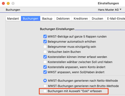 Einstellungen mit der neuen Option zum Erfassen von Buchungen exklusive MWST