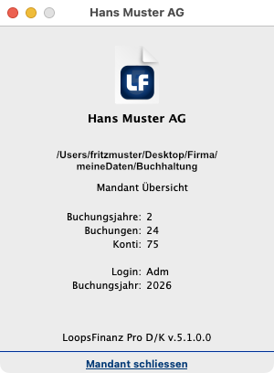 Fenster «Mandant-Übersicht» mit Befehl zum Schliessen des Mandanten