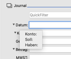Journal mit der neuen Auswahl für die Suche in Soll, Haben oder Konto