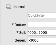 Journal mit Filterbereich und Vergleichsoperatoren im Feld «Konto»