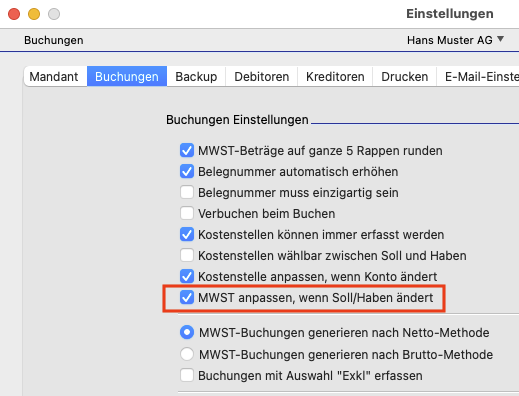 Einstellungen mit der neuen Option zum automatischen Anpassen der MWST