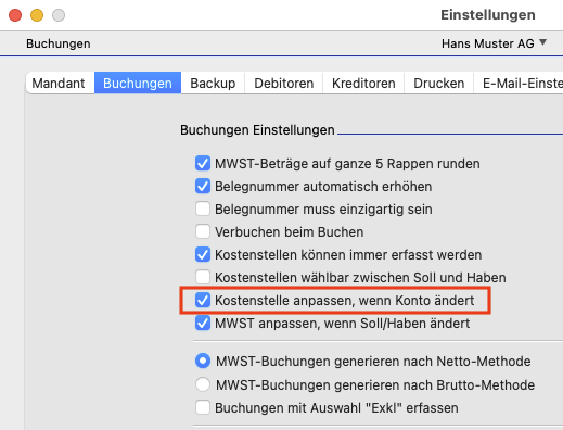 Einstellungen mit der neuen Option zum automatischen Anpassen der Kostenstelle