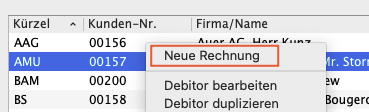 Kontextmenü in «Debitoren» mit dem neuen Befehl «Neue Rechnung»