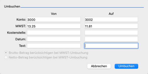 Menü «Extra» mit dem Befehl «Umbuchen» für Rechnungen