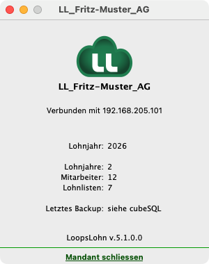 Fenster «Mandant-Übersicht» mit Befehl zum Schliessen des Mandanten