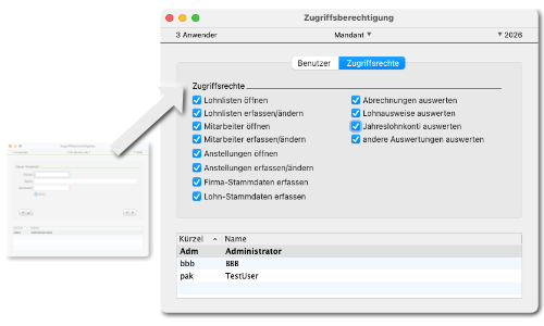 Fenster «Zugriffsberechtigungen» mit dem neuen Bereich «Zugriffsrechte»