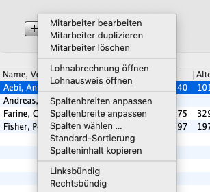 Kontextmenü in «Mitarbeiter» mit den neuen Befehlen