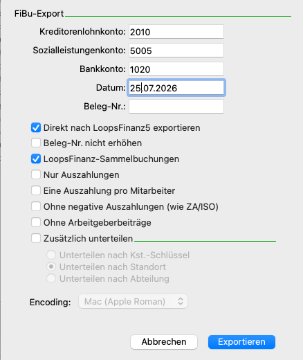 Fenster «FiBu-Export» mit mandantenbezogenen Einstellungen