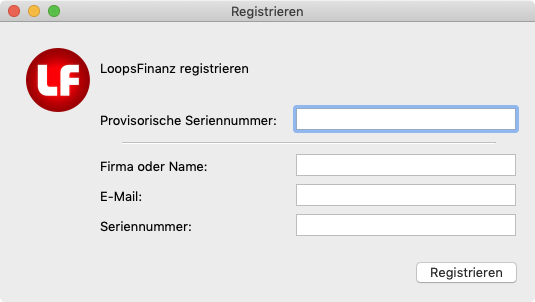 Fenster Registrieren in LoopsFinanz