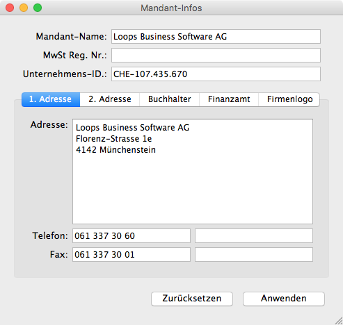 Fenster Mandant-Infos in LoopsFinanz