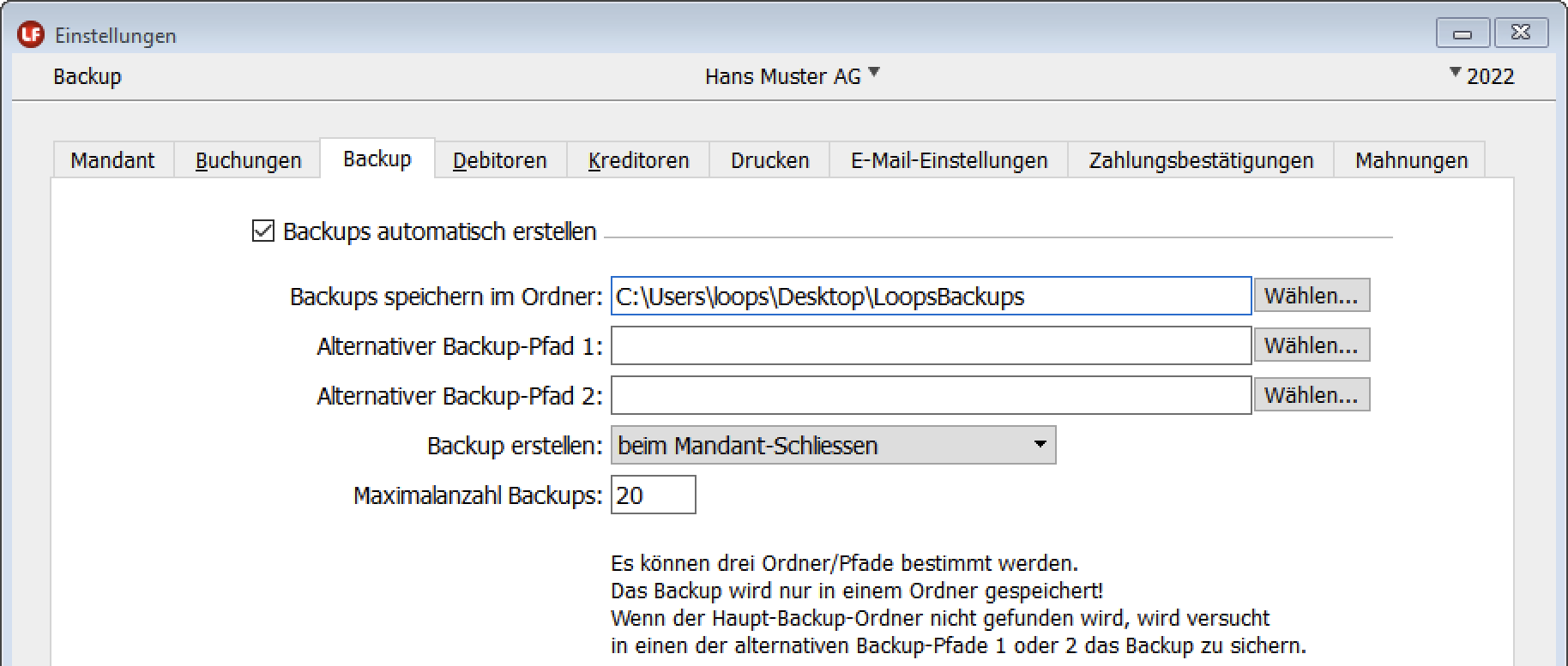 Backup-Einstellungen in LoopsFinanz