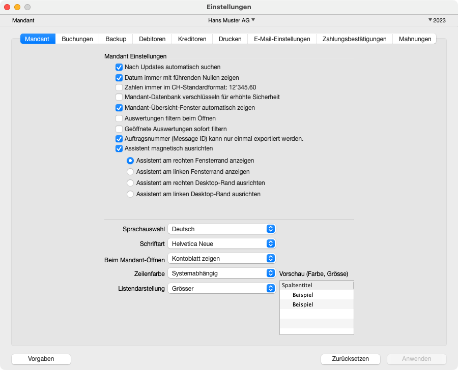 Einstellungen Mandant in LoopsFinanz