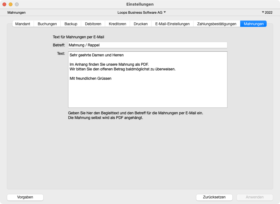 Einstellungen Mahnungen in LoopsFinanz