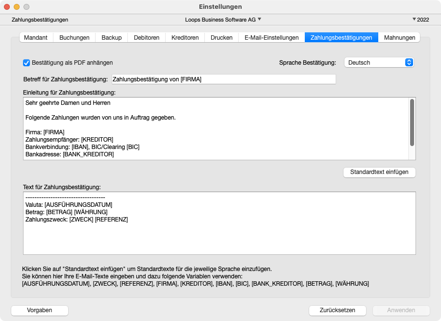 Einstellungen Zahlungsbestätigungen in LoopsFinanz