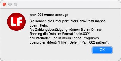 Erfolgreiche Erzeugung der pain.001 Datei
