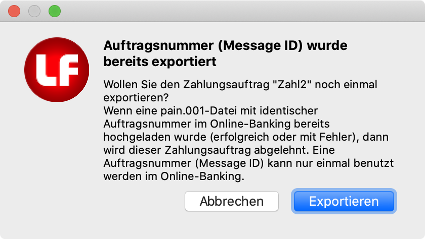 Meldung bei erneutem Export