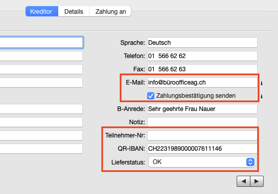 Kreditor Felder im Bereich Kreditor