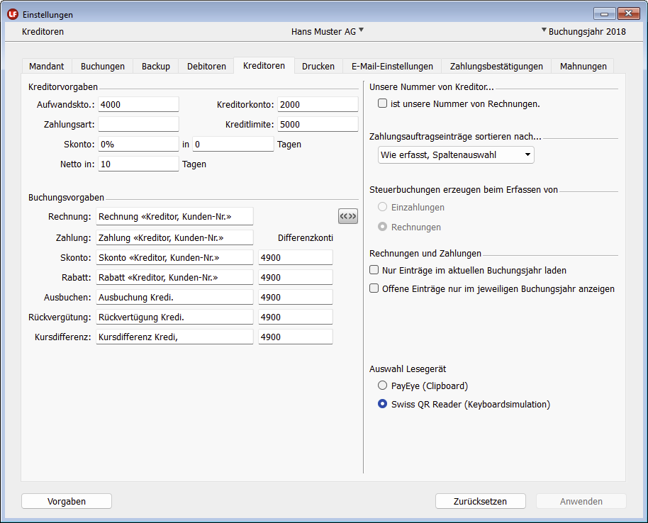Einstellungen Kreditoren in LoopsFinanz