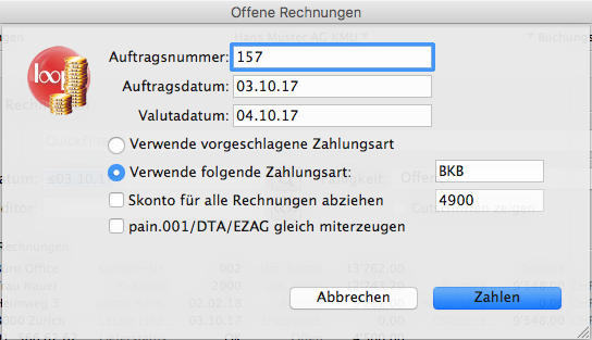Dialogfenster Zahlungsauftrag aus Offene Rechnungen