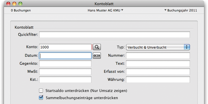 Filterbereich am Beispiel Kontoblatt