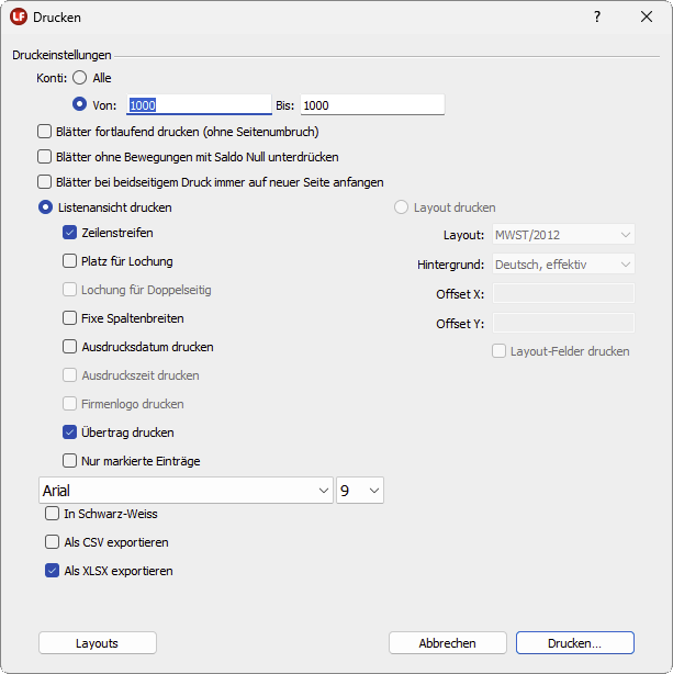 Erweiterte Druckeinstellungen in LoopsFinanz