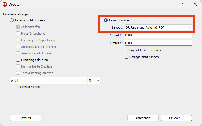 QR-Rechnung Druckdialog