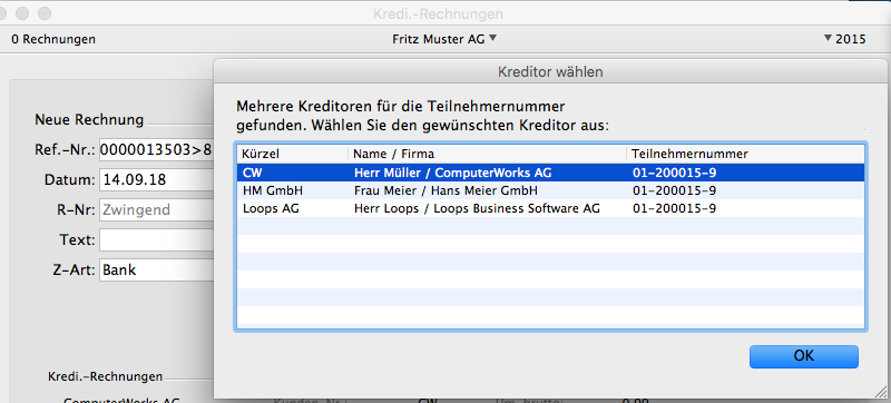 Kreditor wählen bei mehreren Teilnehmernummern