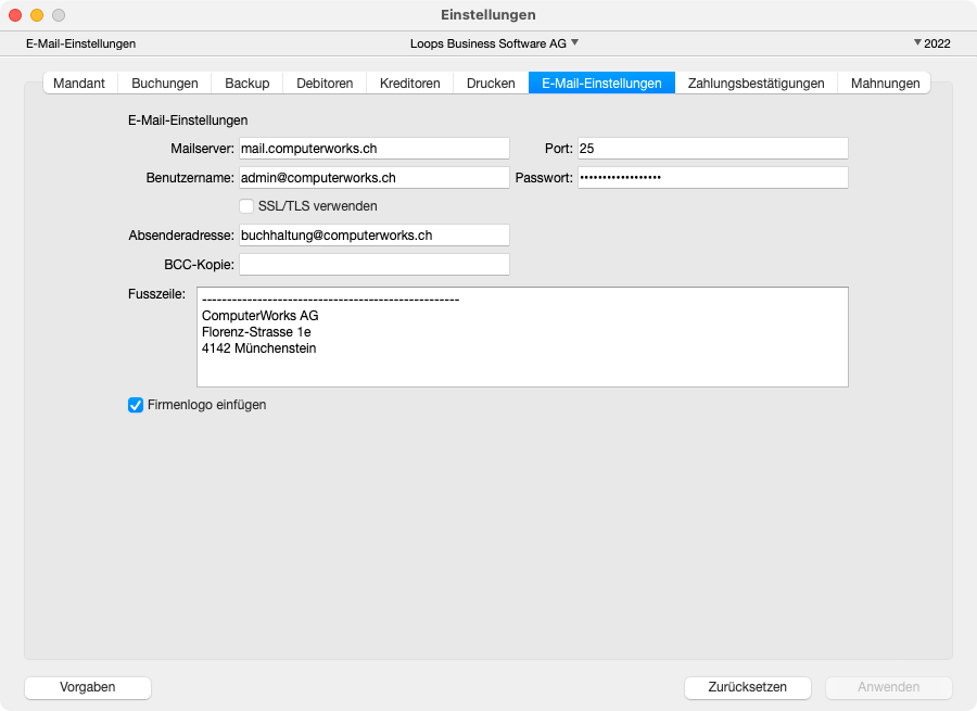 E-Mail-Einstellungen in LoopsFinanz