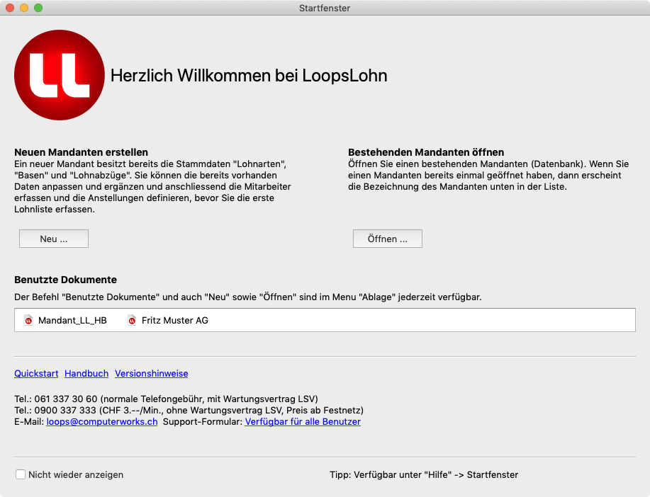 Startfenster von LoopsLohn mit Optionen zum Erstellen oder Öffnen eines Mandanten