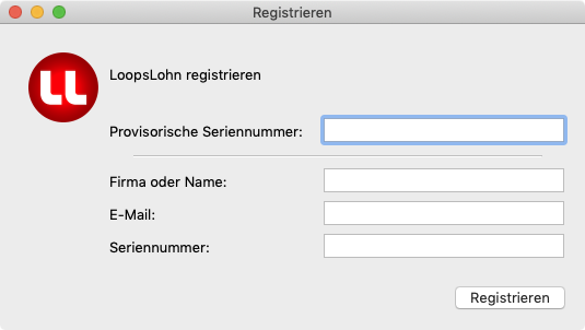 Fenster Registrieren in LoopsLohn mit Feldern für Seriennummer, Firma und E-Mail