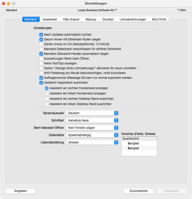 Einstellungen Mandant in LoopsLohn