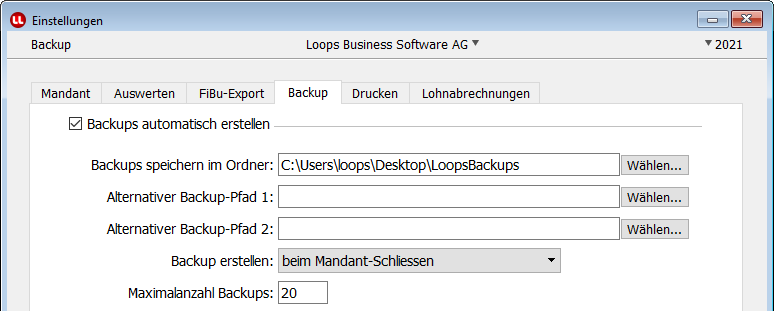 Einstellungen Backup in LoopsLohn