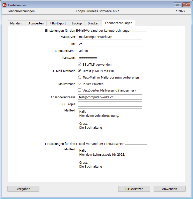 Einstellungen Lohnabrechnungen in LoopsLohn