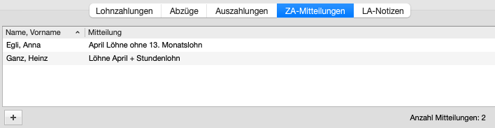 Bereiche ZA-Mitteilungen und LA-Notizen in Lohnlisten