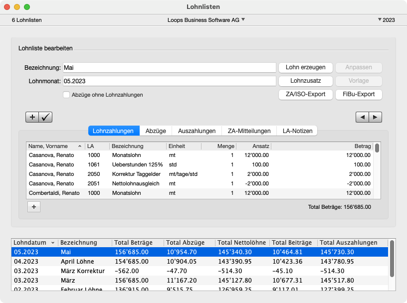Fenster Lohnlisten in LoopsLohn