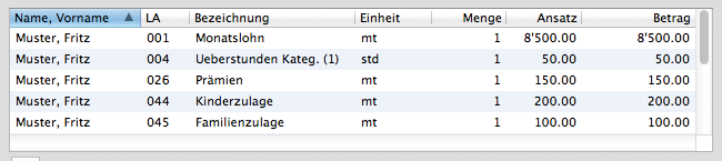 Liste mit Listenkopf und Einträgen in LoopsLohn