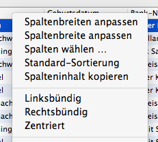 Kontextmenü für Spaltenausrichtung in LoopsLohn