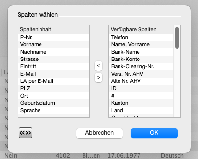Dialogfenster Spalten wählen mit verfügbaren und gewählten Spalten