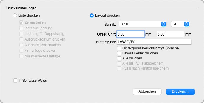 Druckeinstellungen-Dialog für Lohnausweise in LoopsLohn