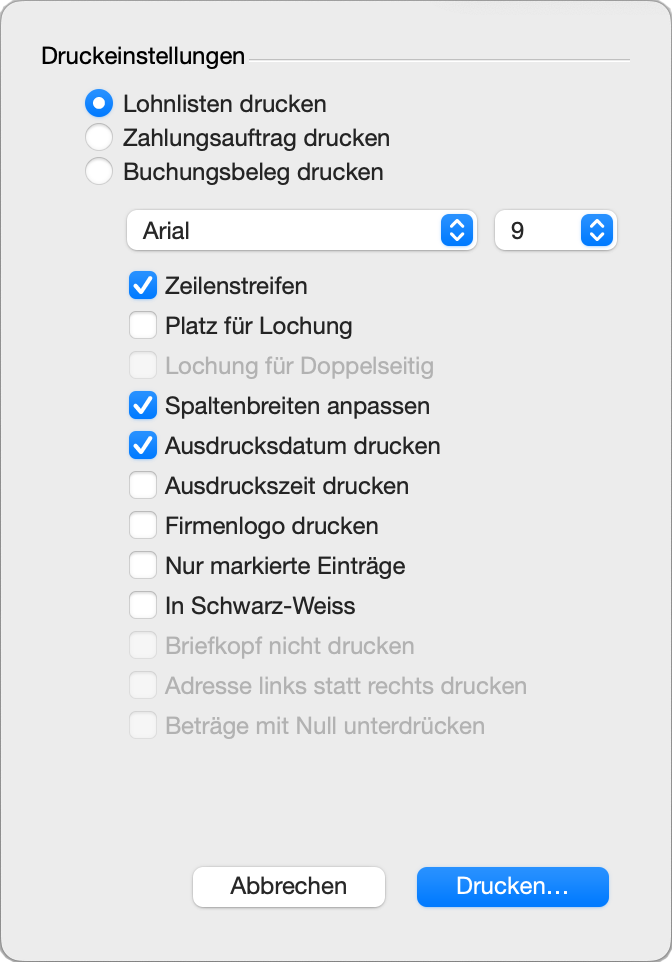 Druckeinstellungen-Dialog für Lohnlisten in LoopsLohn
