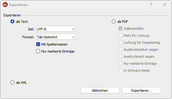 Dialogfenster Exportieren mit Format- und Zieloptionen in LoopsLohn