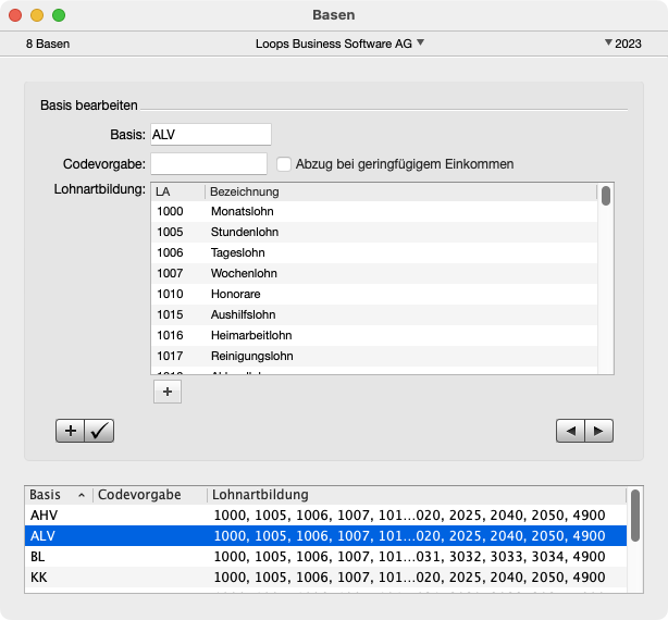 Fenster Basen mit Lohnarten-Zuordnung in LoopsLohn