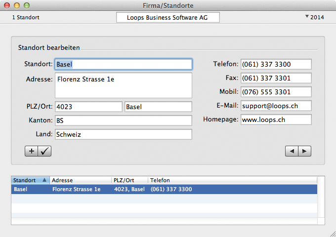 Fenster Firma/Standorte mit Adressdaten und Standortliste