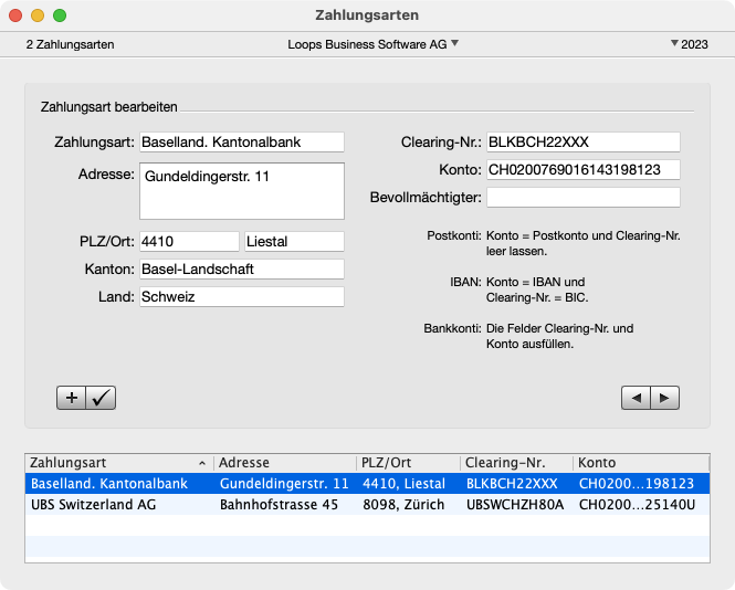 Fenster Zahlungsarten mit Post-, IBAN- und Bankoptionen