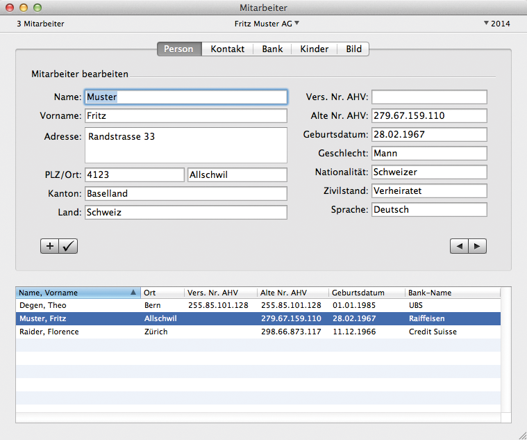 Fenster Mitarbeiter mit Bereich Person und Personalien
