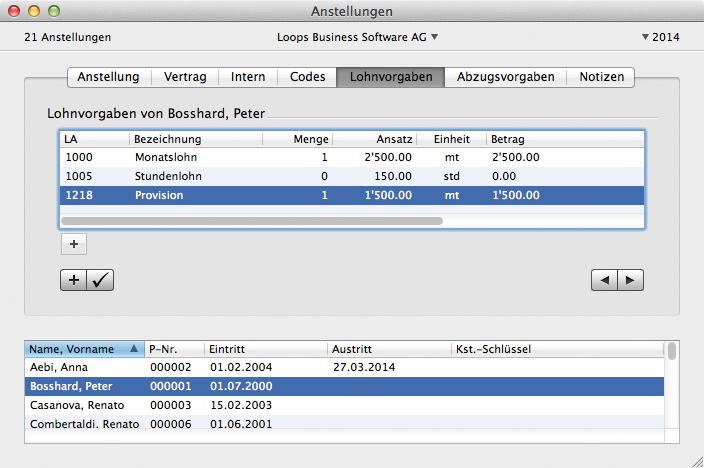 Lohnvorgaben gespeichert im Fenster Anstellungen