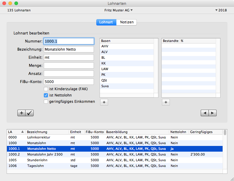 Fenster Lohnarten mit Basenzuordnung und Bestandteilen