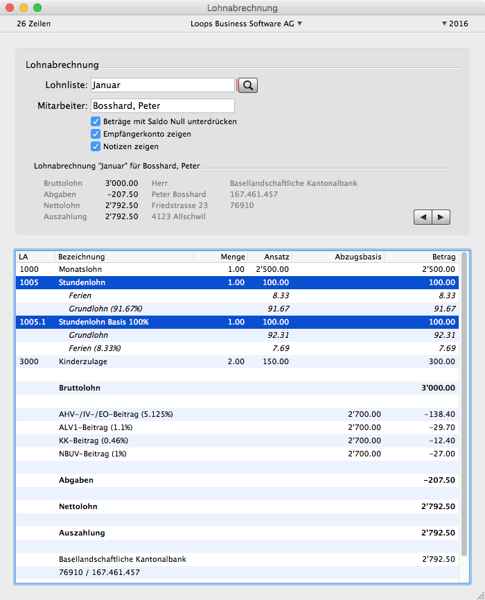 Lohnabrechnung mit Vergleich der Bestandteile-Berechnung