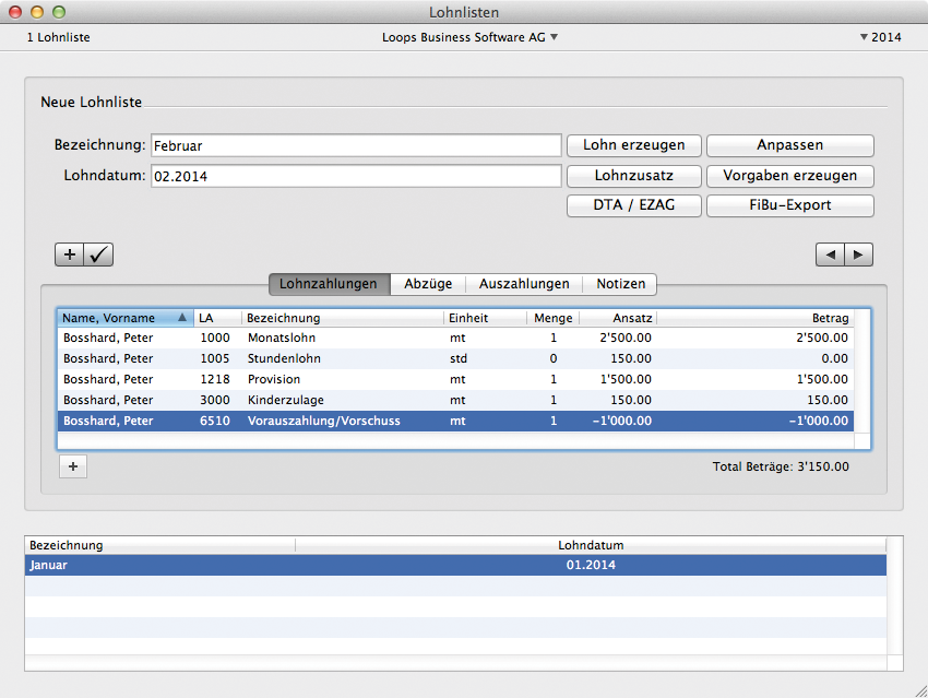Vorschuss-Rückzahlung in der Lohnliste
